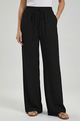 Women's Palazzo Trousers with Drawstring Waist & Side Pockets – Black