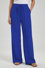 Women's Palazzo Trousers with Drawstring Waist & Side Pockets – Blue