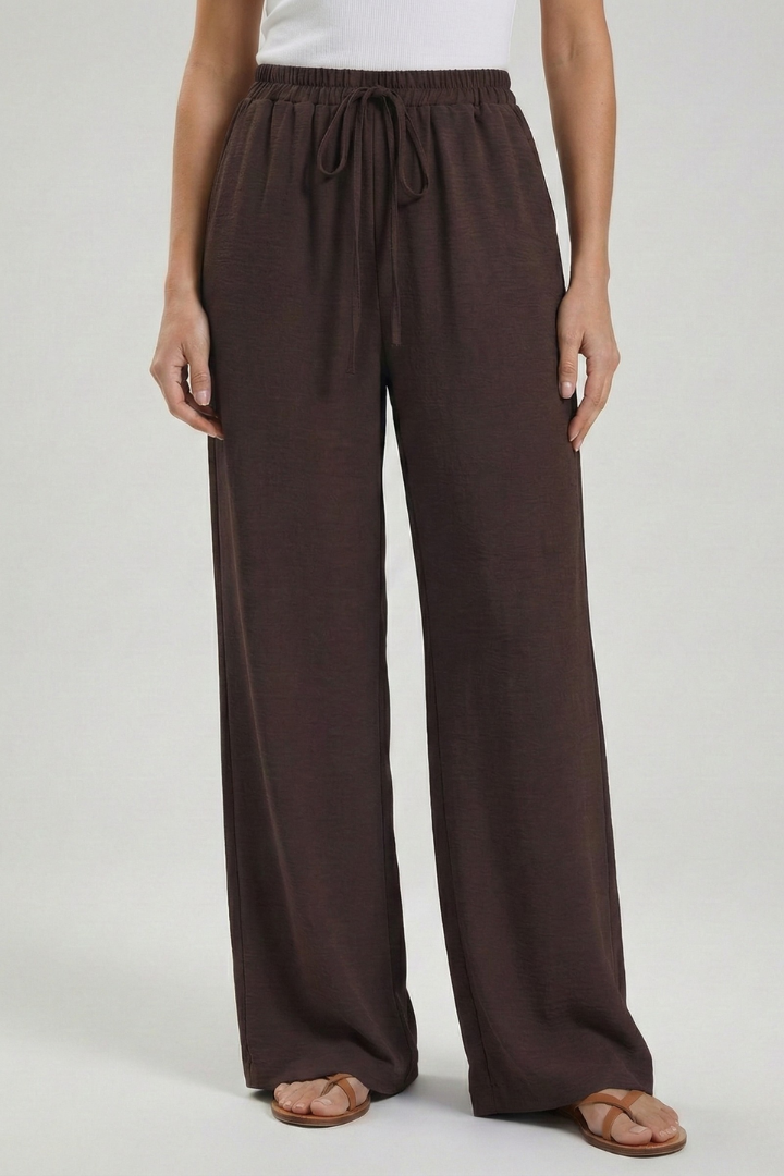 Women's Palazzo Trousers with Drawstring Waist & Side Pockets – Dark Brown