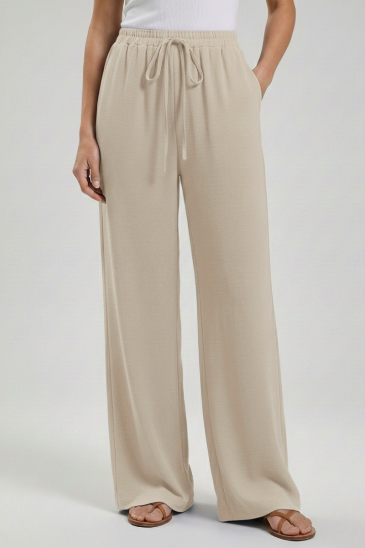 Women's Palazzo Trousers with Drawstring Waist & Side Pockets – Beige