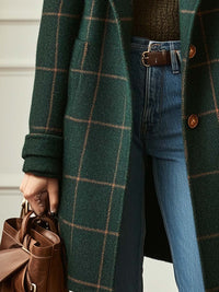 Women's Dark Green Plaid Tweed Coat with Lapels