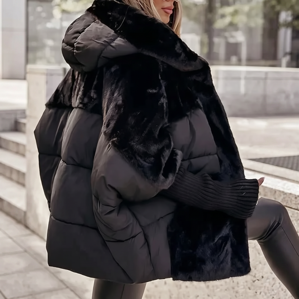 Women's Hooded Plush Winter Coat – Quilted & Faux Fur – Black