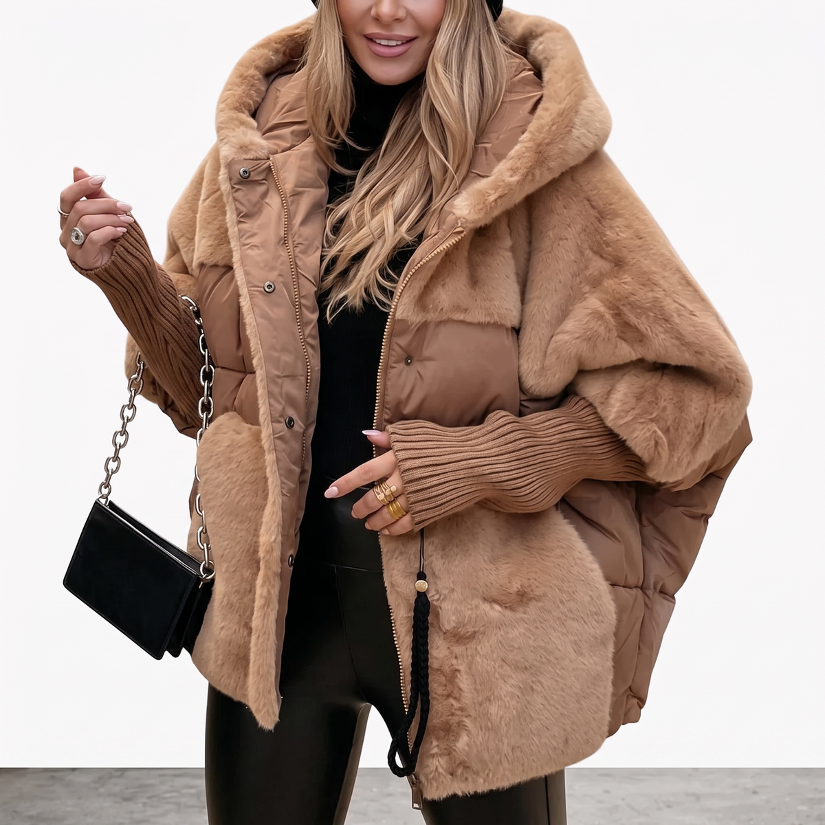 Women's Hooded Plush Winter Coat – Quilted & Faux Fur – Brown