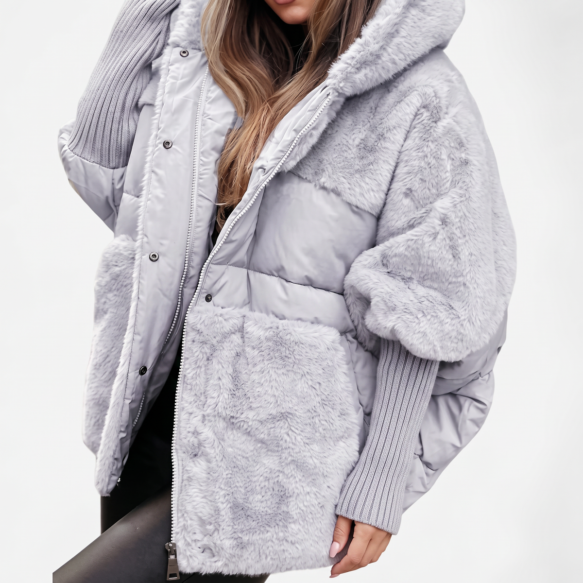 Women's Hooded Plush Winter Coat – Quilted & Faux Fur – Grey