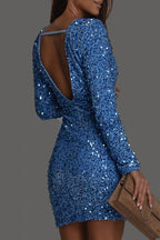 Women's Sequin Long Sleeve Dress with Round Neckline for Evening Events and Parties