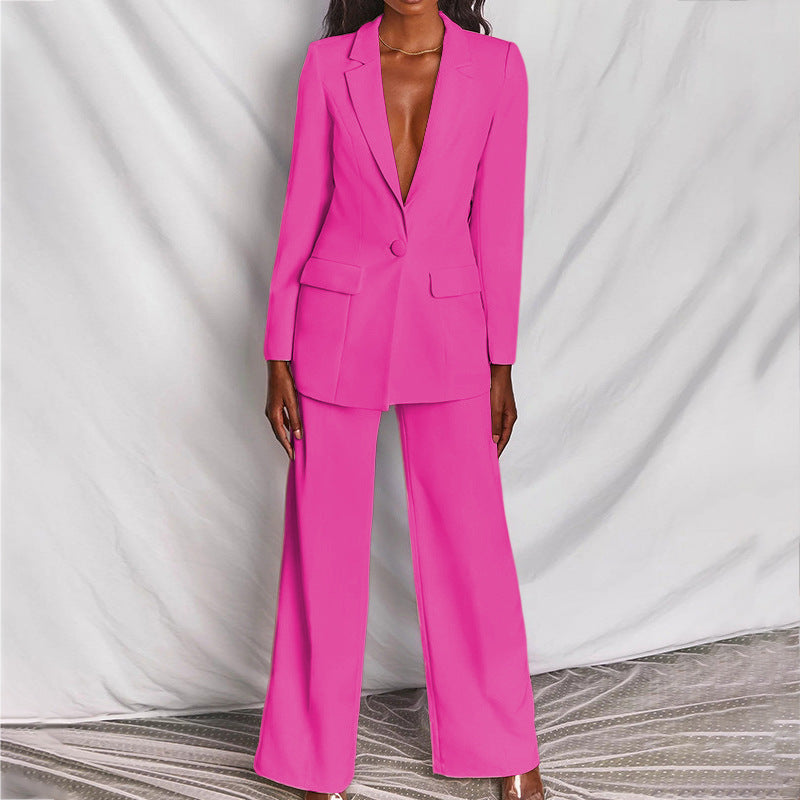 Women's Slim Fit Blazer and Trouser Set - Tailored Business Attire for Work