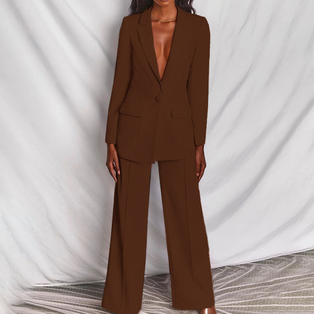 Women's Slim Fit Blazer and Trouser Set - Tailored Business Attire for Work