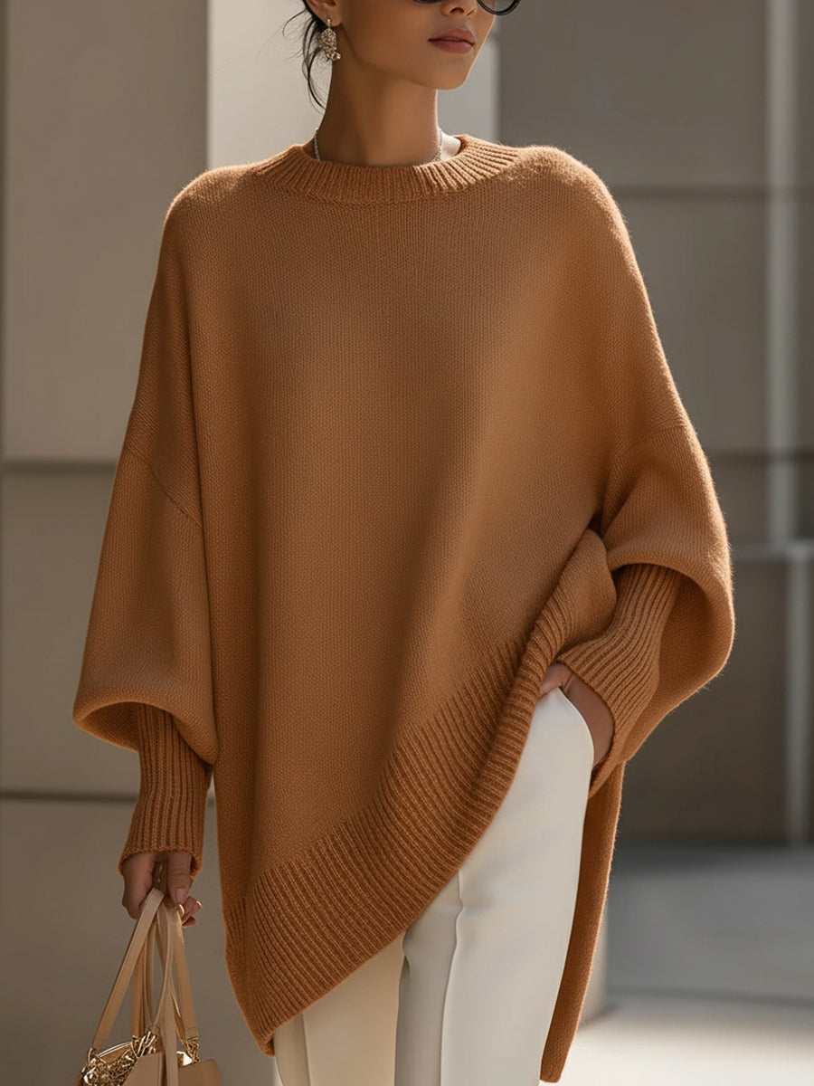 Women's Oversized Wool Jumper with Asymmetric Hem – Brown