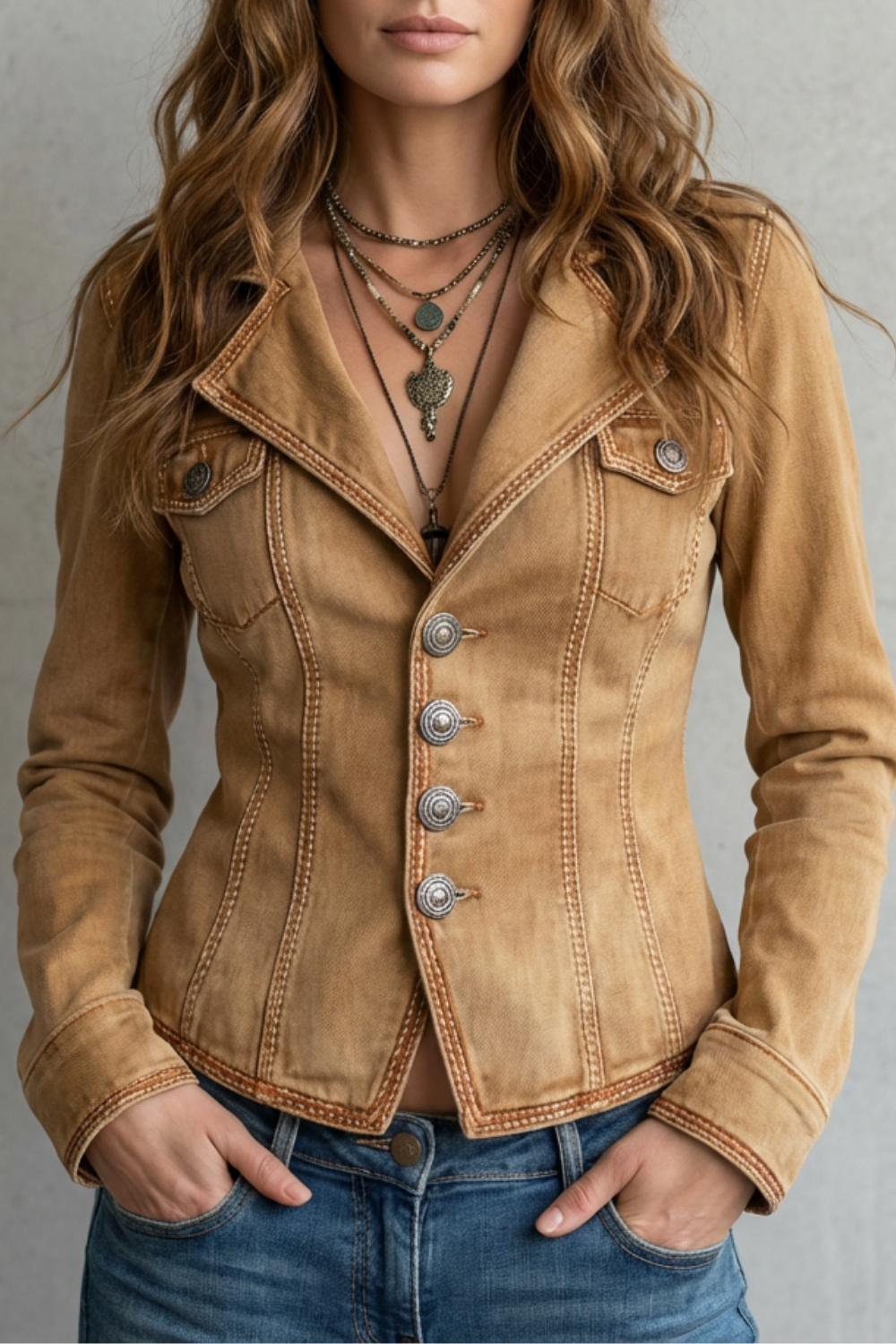 Women's Tailored Denim Blazer in Brown – Lined Jacket – Brown