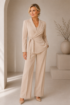 Women's Tie Waist Suit – Wide-Leg Office Suit – Beige