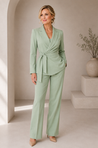 Women's Tie Waist Suit – Wide-Leg Office Suit – Green
