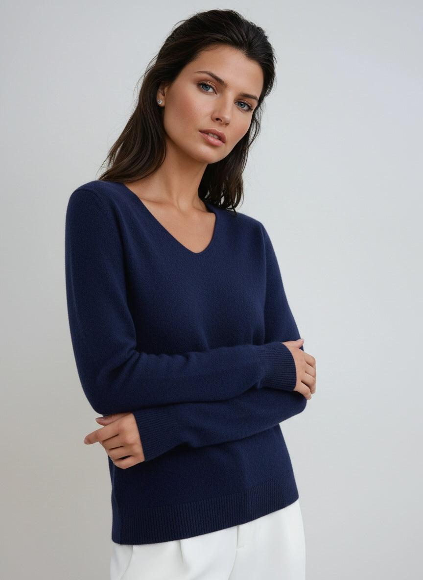 Women's Fitted V-Neck Long Sleeve Jumper – Navy blue