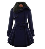 Women's Faux Fur Trimmed Belted Trench Coat – Dark Blue