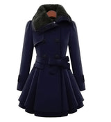 Women's Faux Fur Trimmed Belted Trench Coat – Dark Blue