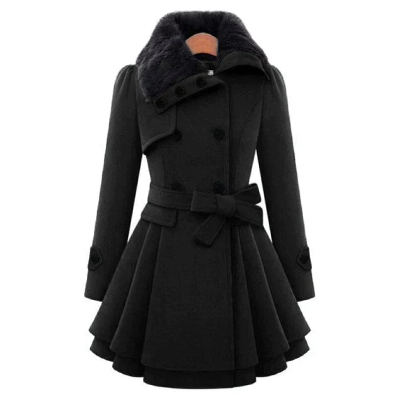 Women's Faux Fur Trimmed Belted Trench Coat – Black