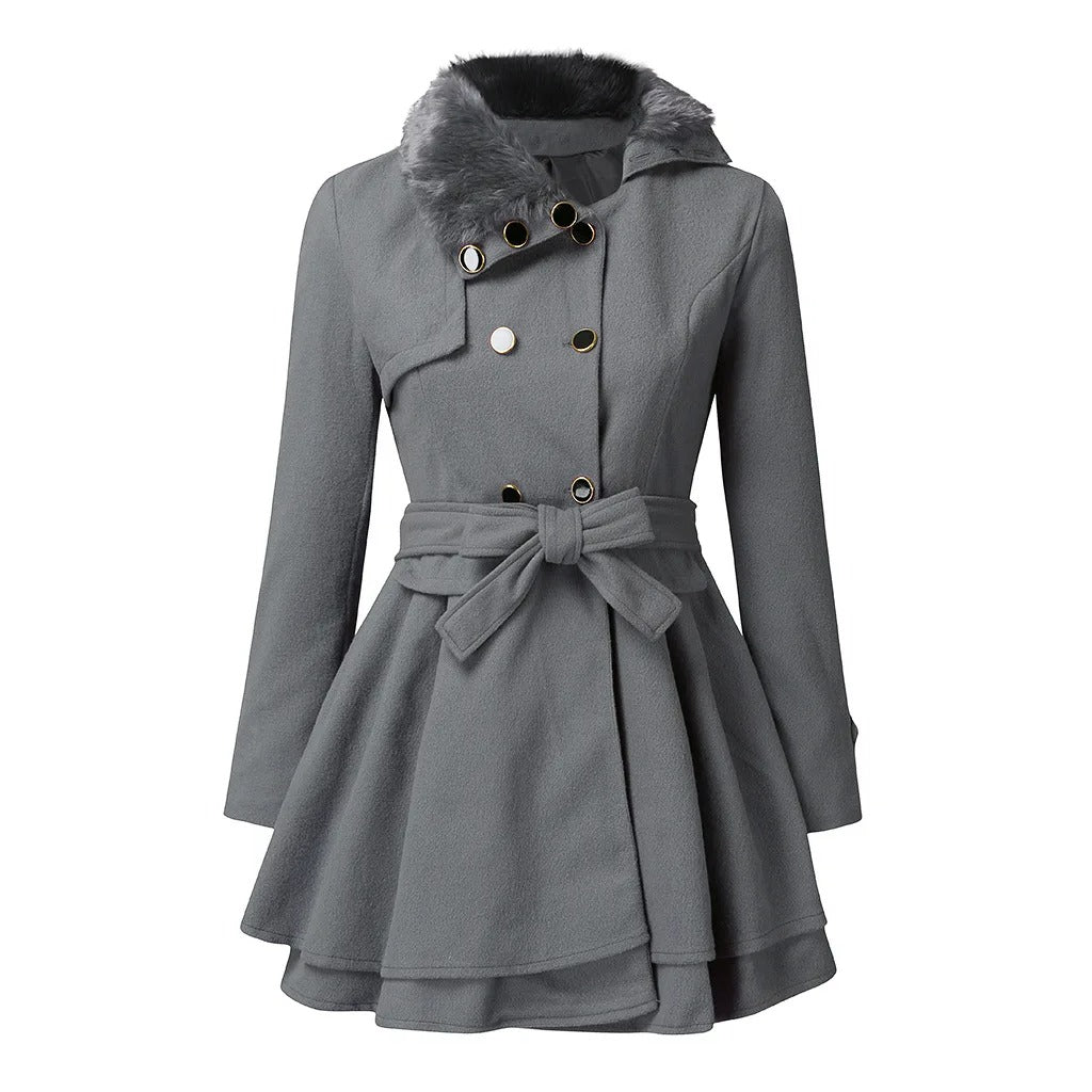 Women's Faux Fur Trimmed Belted Trench Coat – Grey