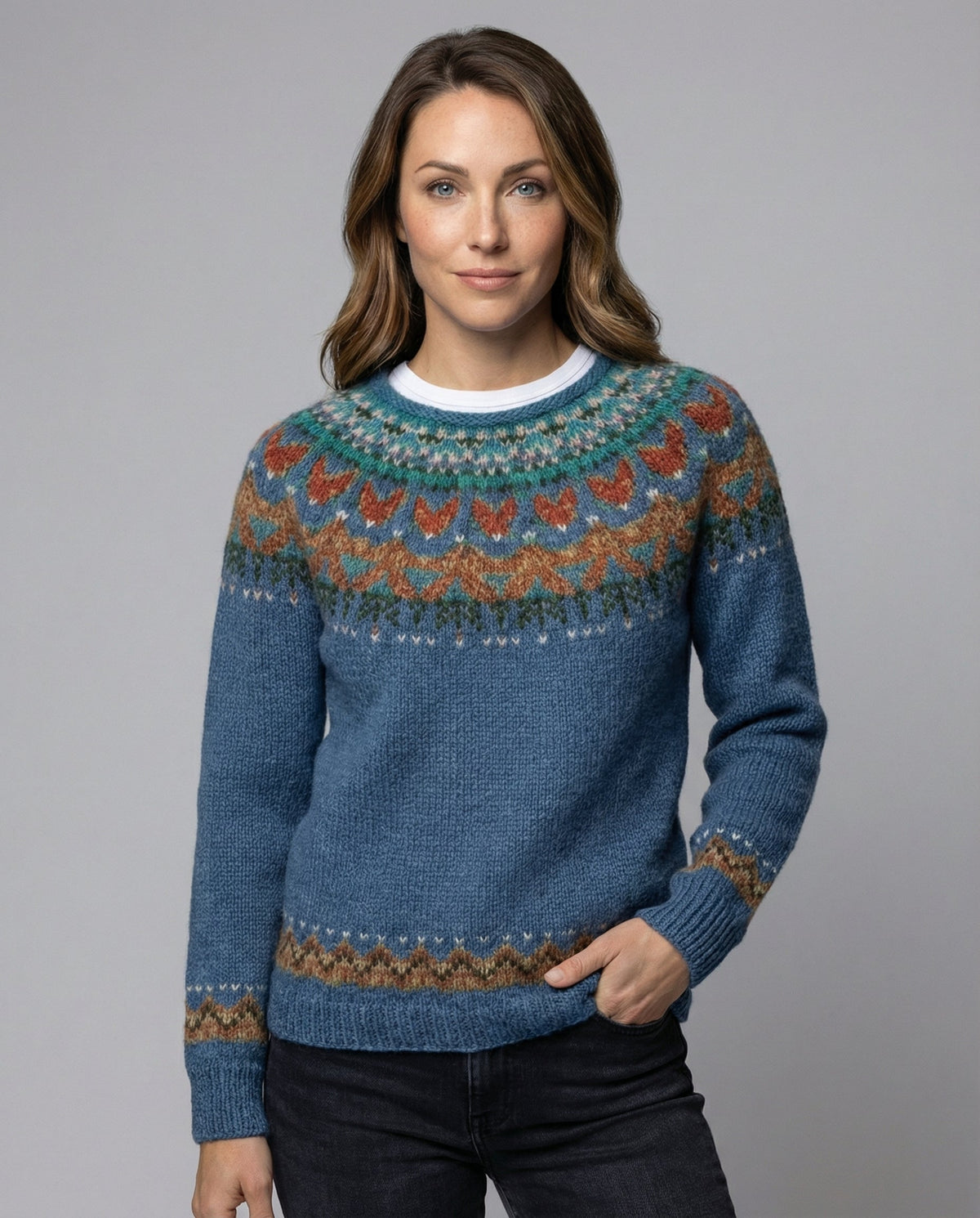 Women's Icelandic Pattern Knit Jumper – Relaxed Fit – Blue