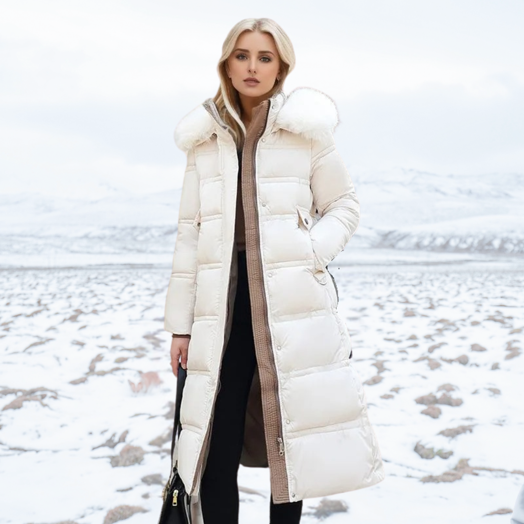 Women's Winter Parka with Fur-Trimmed Hood – White