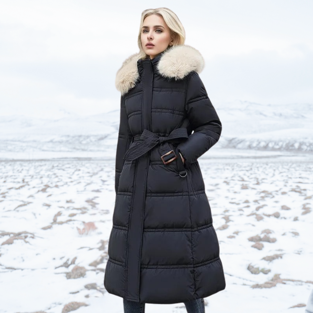 Women's Winter Parka with Fur-Trimmed Hood – Black and White