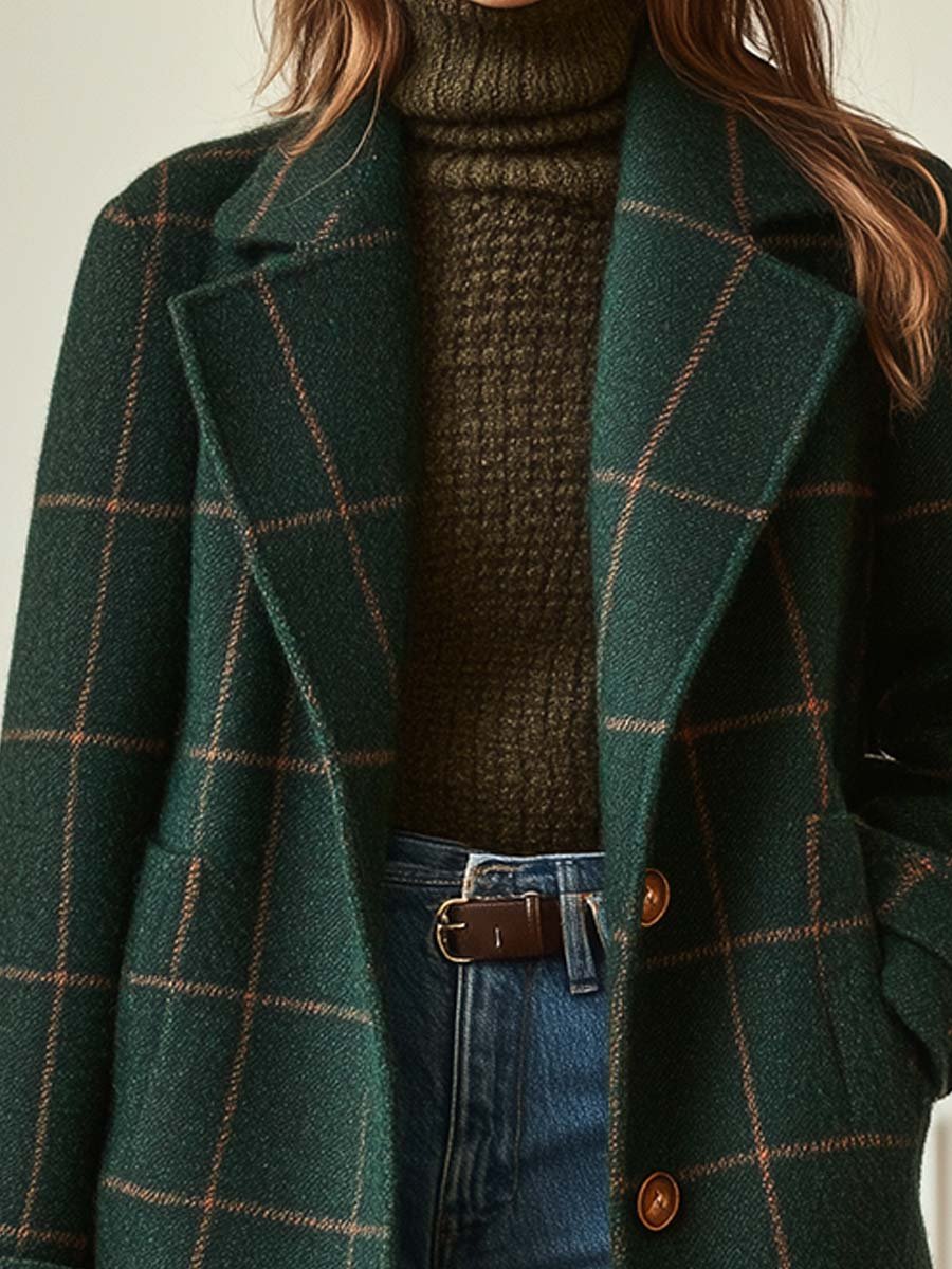 Women's Wool Blend Check Overcoat with Lapels