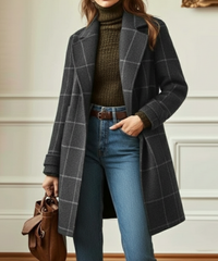 Women's Wool Blend Check Overcoat with Lapels – Grey