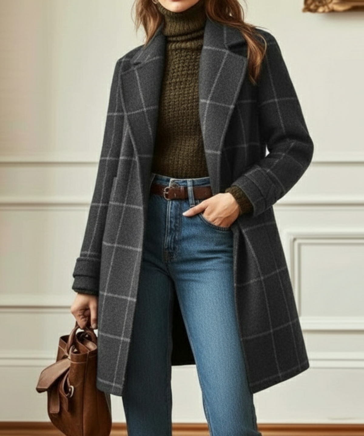 Women's Wool Blend Check Overcoat with Lapels – Grey