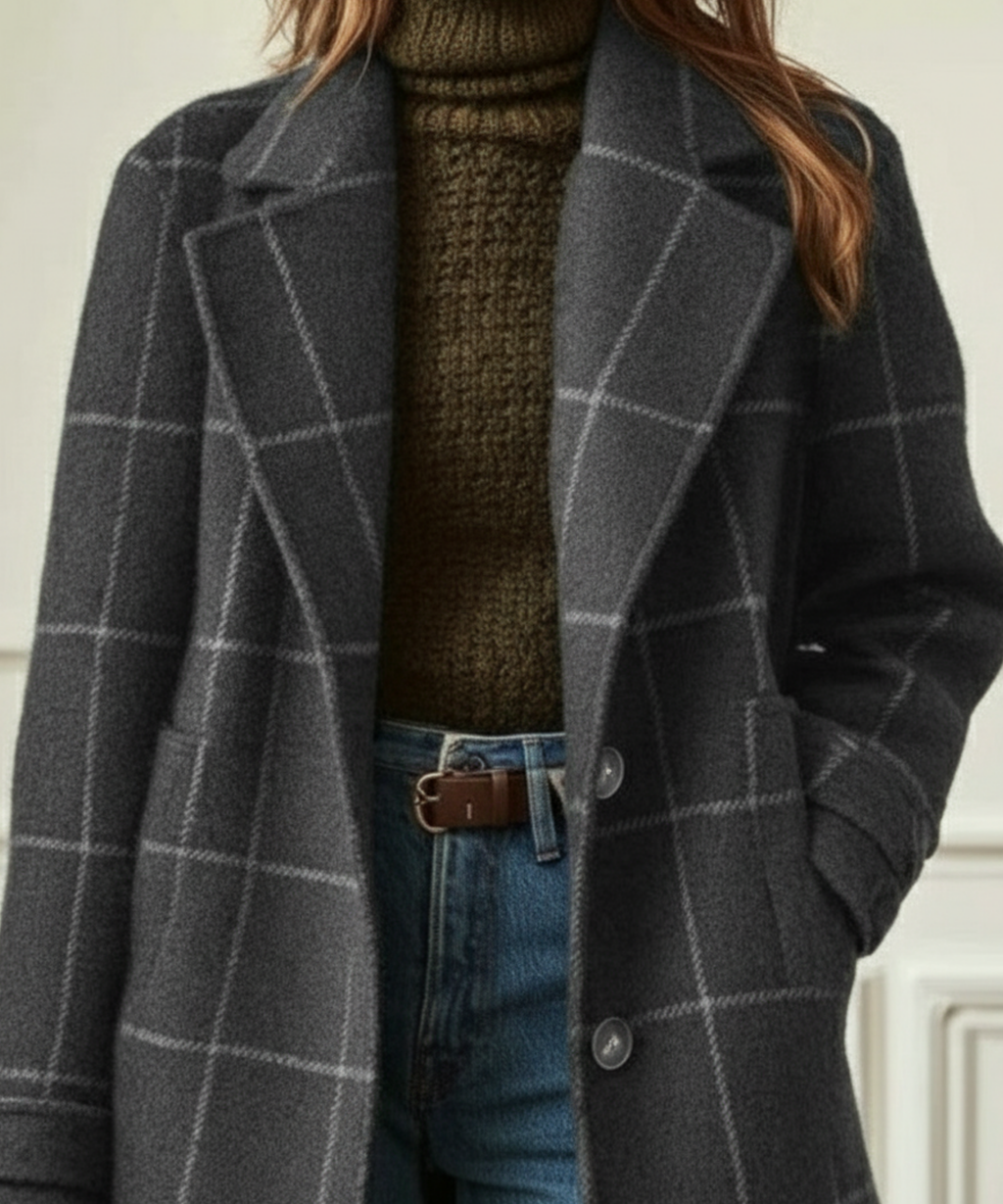 Women's Wool Blend Check Overcoat with Lapels