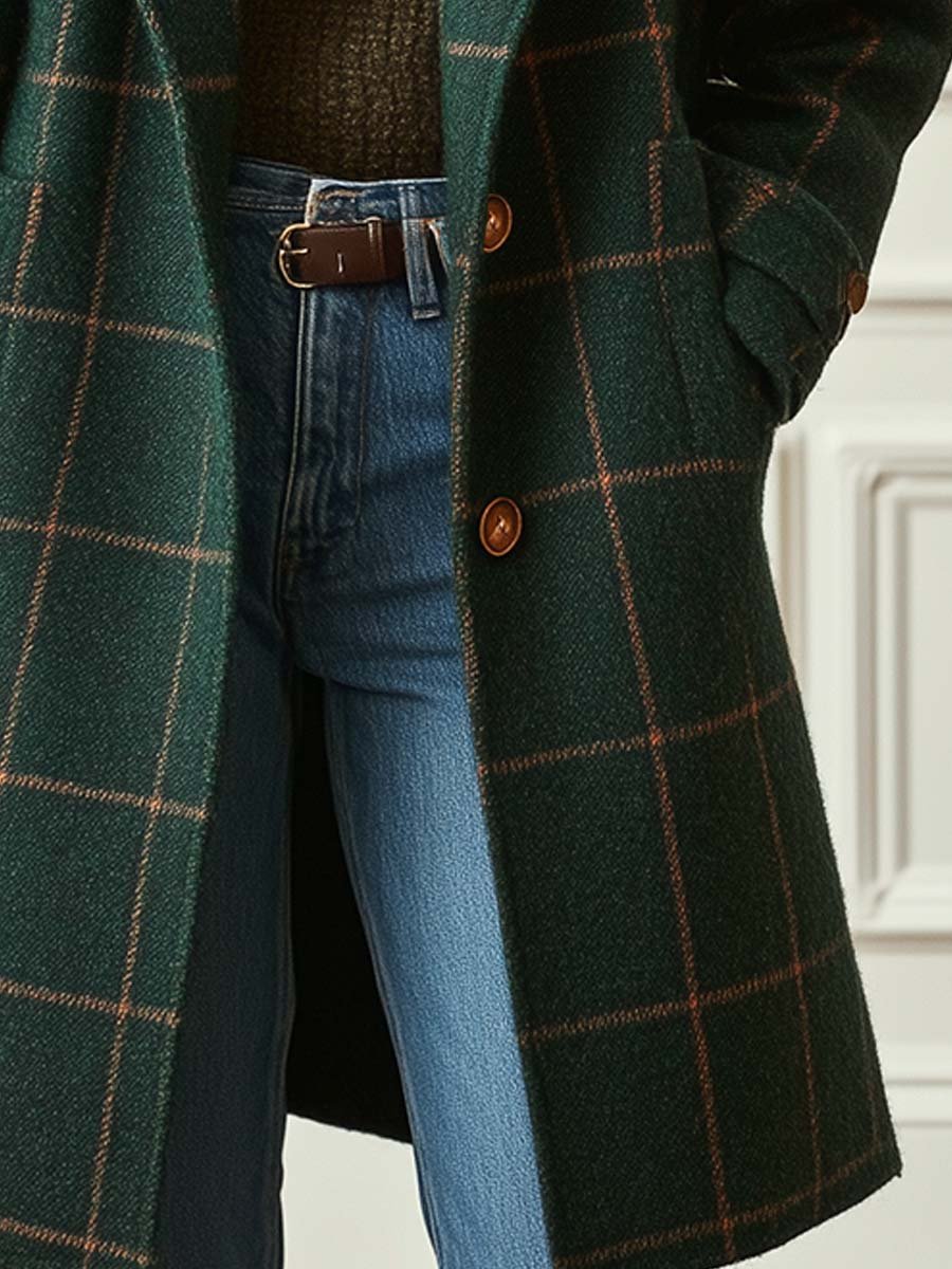 Women's Wool Blend Check Overcoat with Lapels