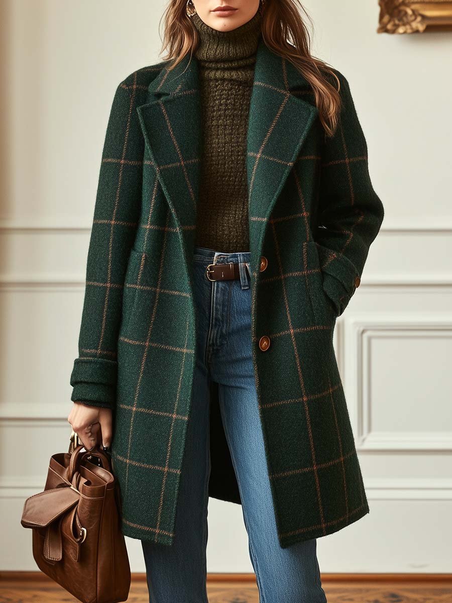 Women's Wool Blend Check Overcoat with Lapels – Dark Green