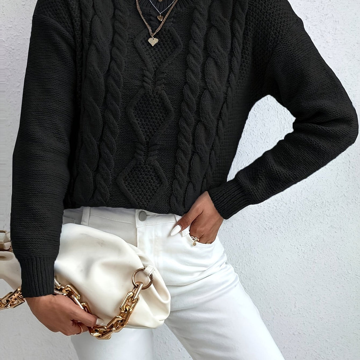 Women's Chunky Cable Knit Jumper – Drop Shoulder – Black