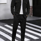 Men's Two-Piece Button-Front Set with Drawstring Trousers – Black
