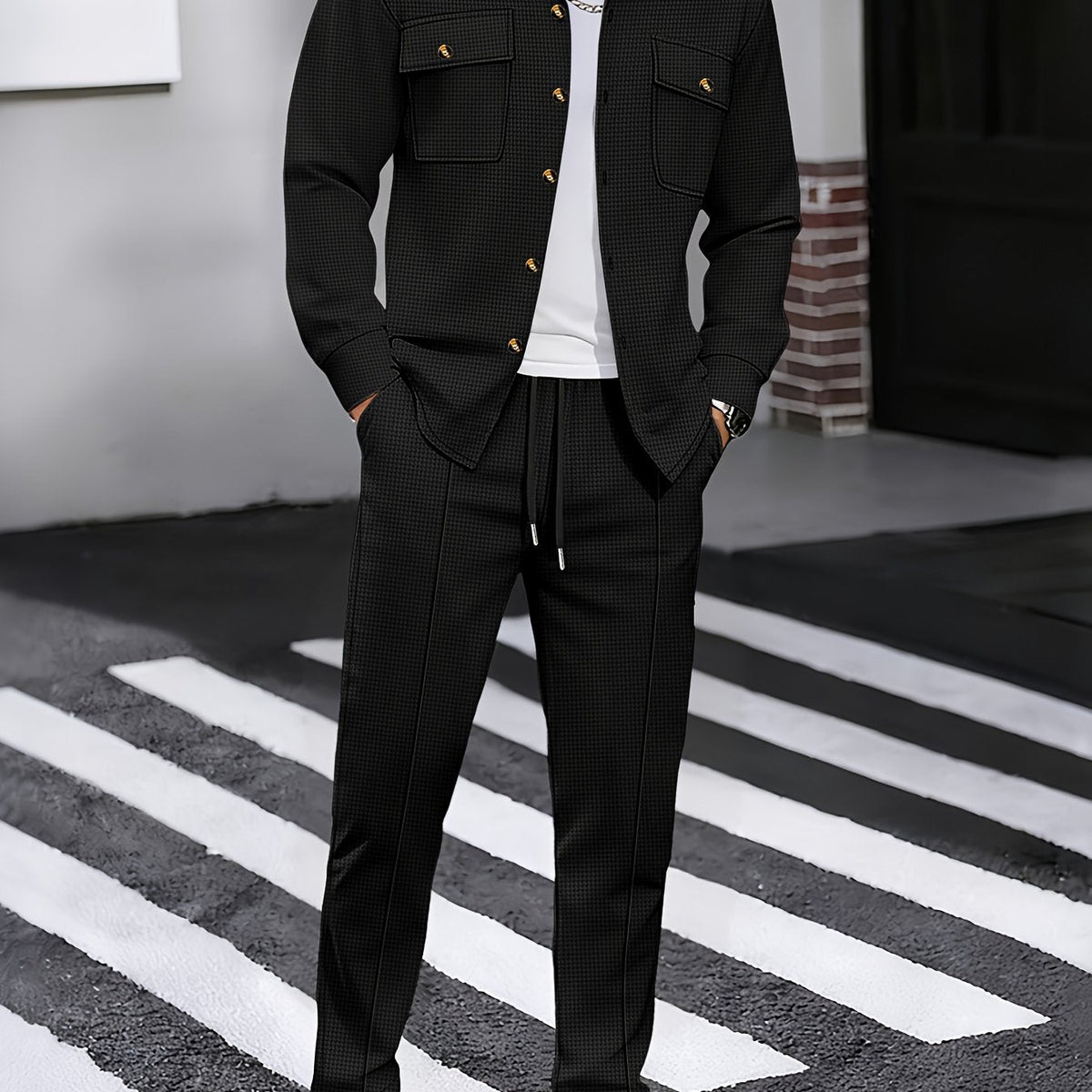 Men's Two-Piece Button-Front Set with Drawstring Trousers – Black