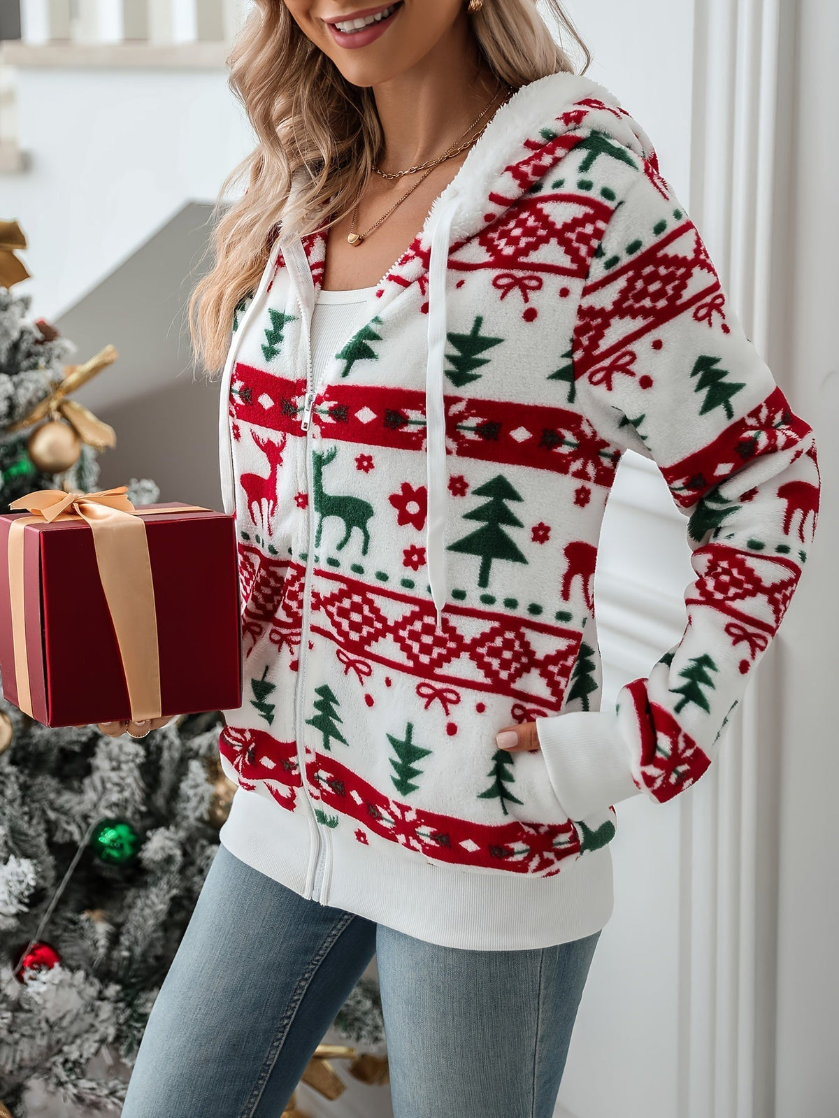 Women's Hooded Zip Christmas Cardigan – Red & Green – Red & Green Print