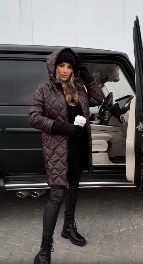 Women's Long Quilted Down Puffer Jacket with Hood – Brown