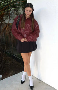 Rote PU Bomberjacke – Casual, Streetwear