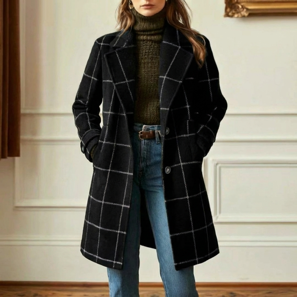 Women's Wool Blend Check Coat – Office & Casual – Black