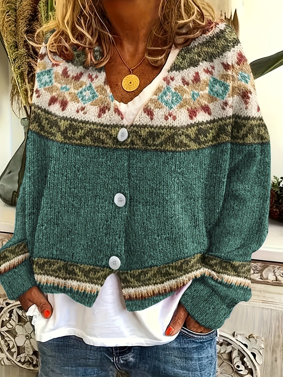 Women's Geometric Pattern Button-Front Cardigan