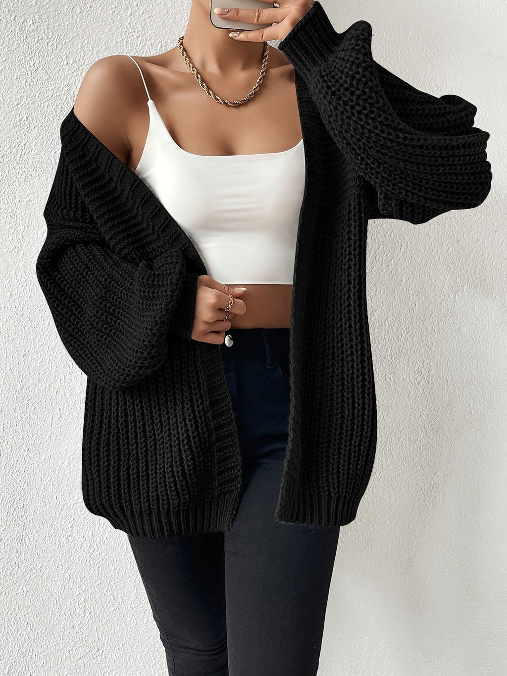 Women's Black Chunky Knit Open-Front Cardigan