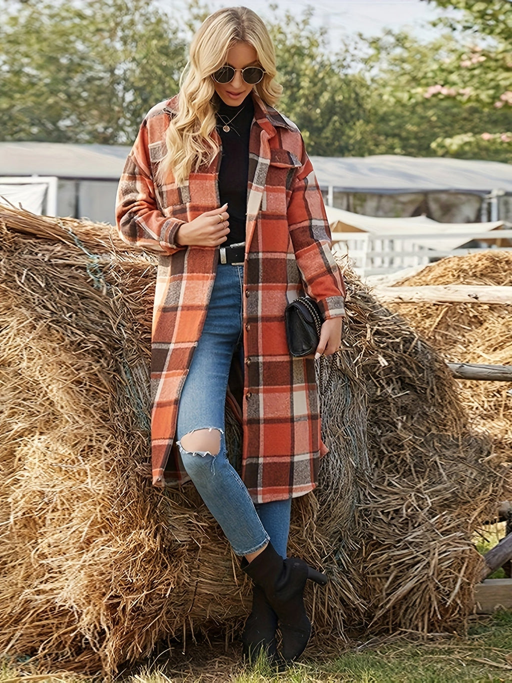 Women's Longline Plaid Coat – Relaxed Fit