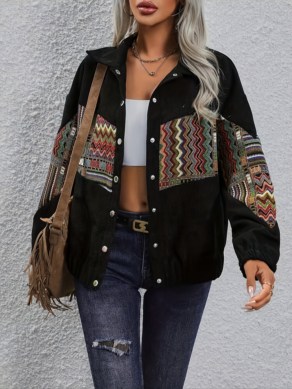 Women's Black Patchwork Lapel Jacket