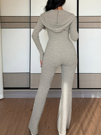 Women's Ribbed Zip-Up Lounge Set with Flared Trousers