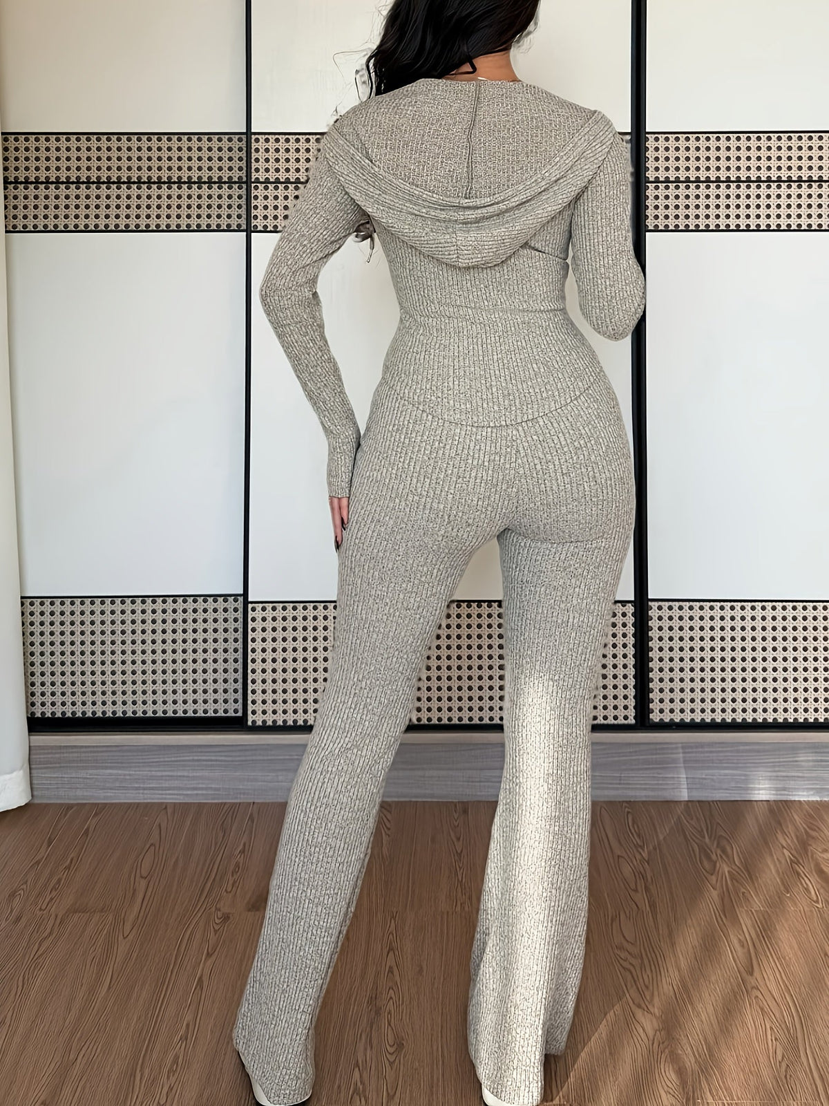 Women's Ribbed Zip-Up Lounge Set with Flared Trousers
