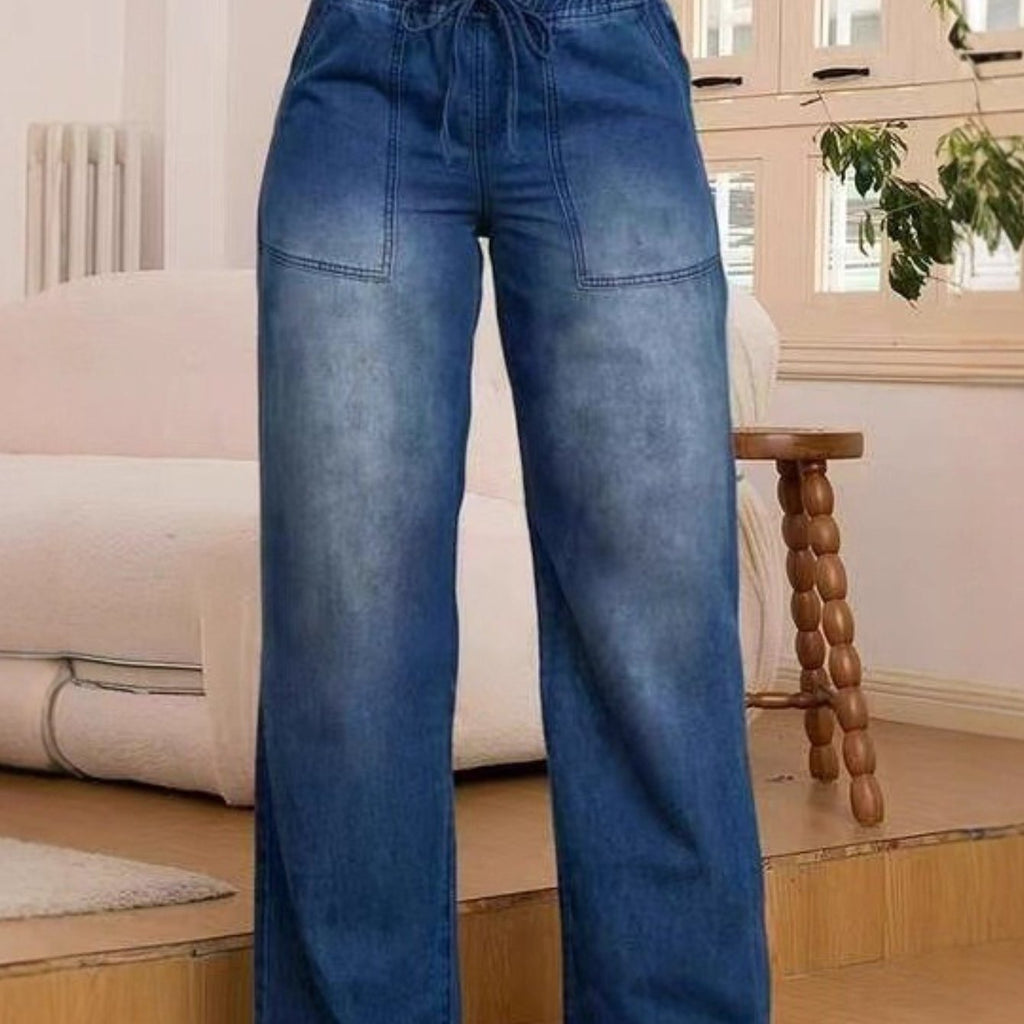 Women's Relaxed Wide-Leg Jeans with Drawstring – Deep Blue
