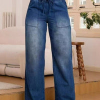 Women's Relaxed Wide-Leg Jeans with Drawstring – Deep Blue