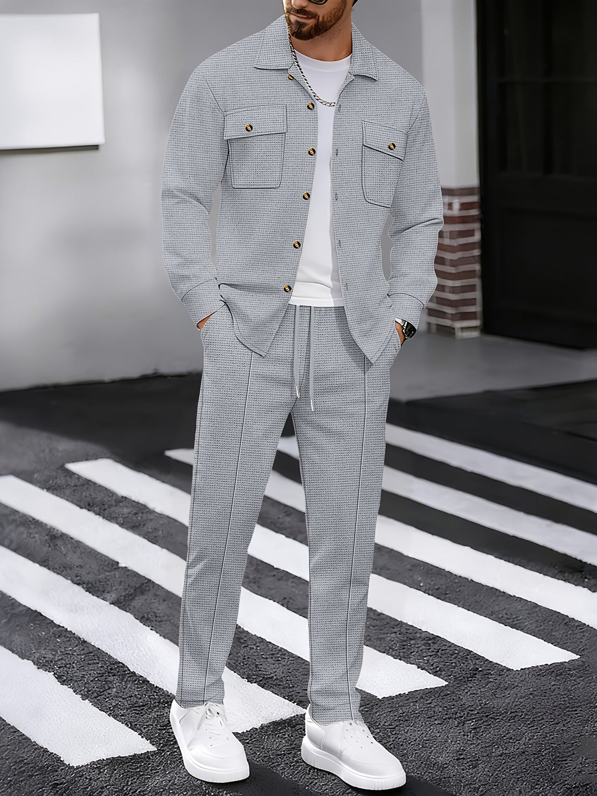 Men's Two-Piece Button-Front Set with Drawstring Trousers