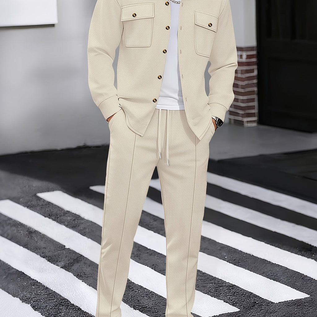 Men's Two-Piece Button-Front Set with Drawstring Trousers – Khaki