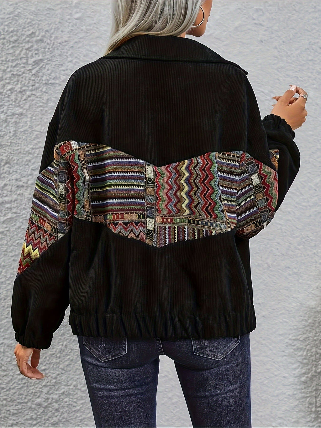 Women's Black Patchwork Lapel Jacket