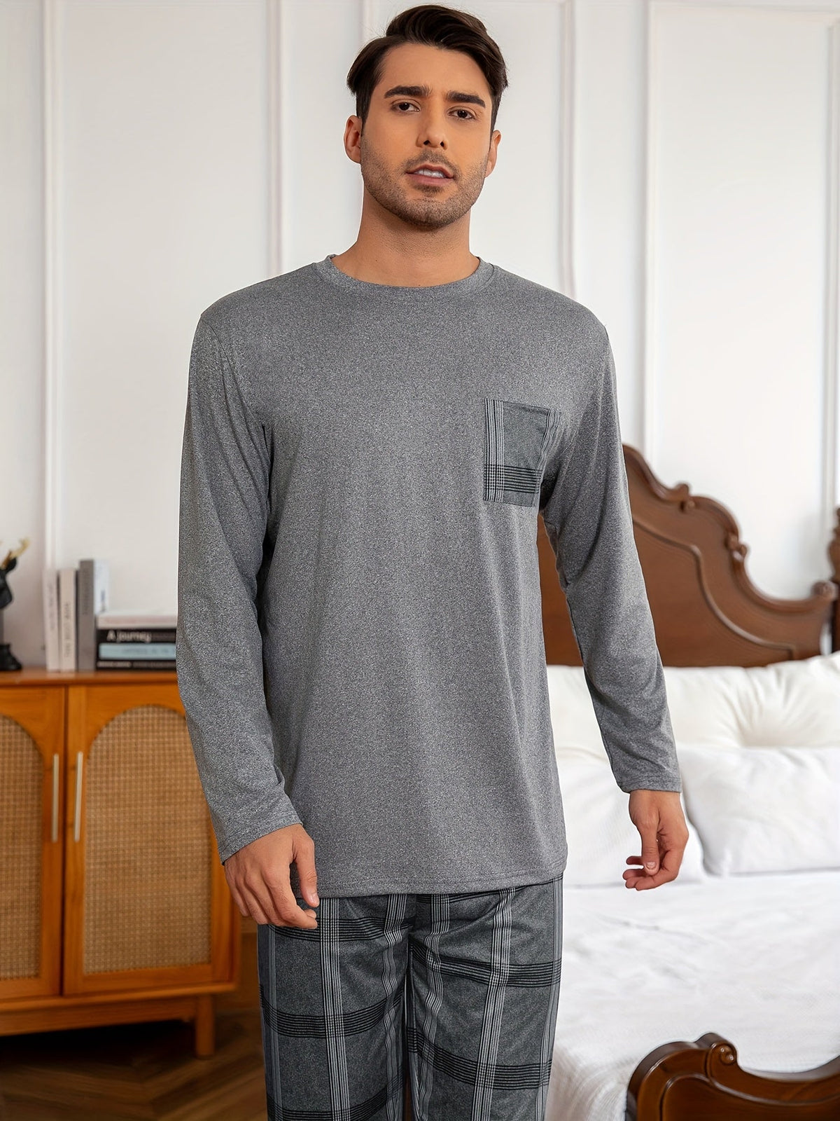 Men's Grey Plaid Lounge Set – Top & Trousers