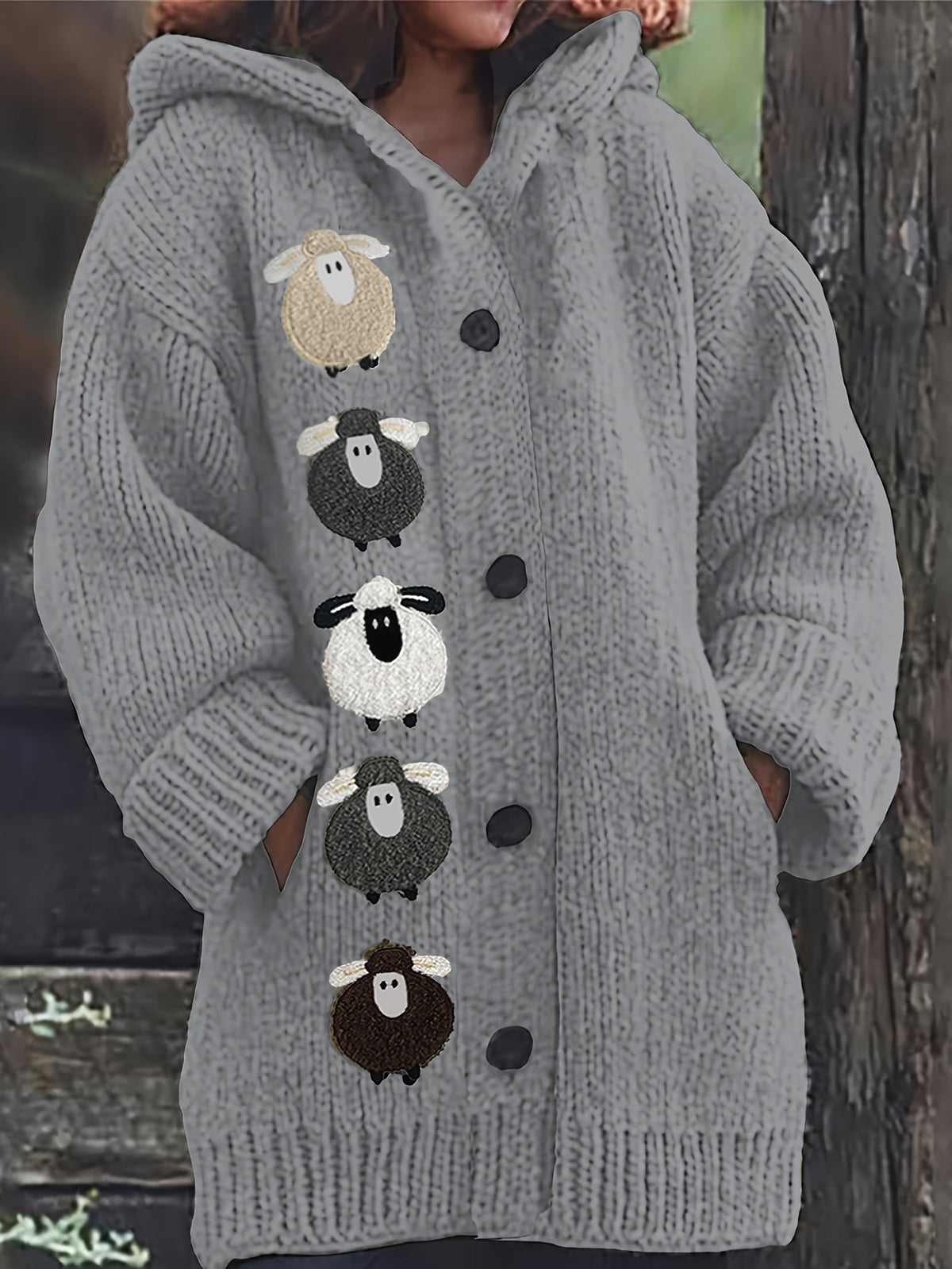 Women's Chunky Hooded Cardigan with Sheep Design