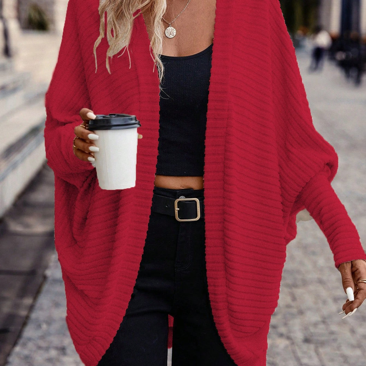 Women's Relaxed Open-Front Ribbed Cardigan – Red
